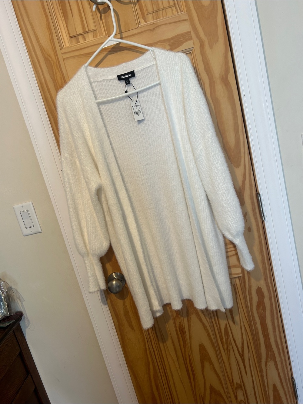 Express Cream Open-Front Plush Ribbed Cardigan